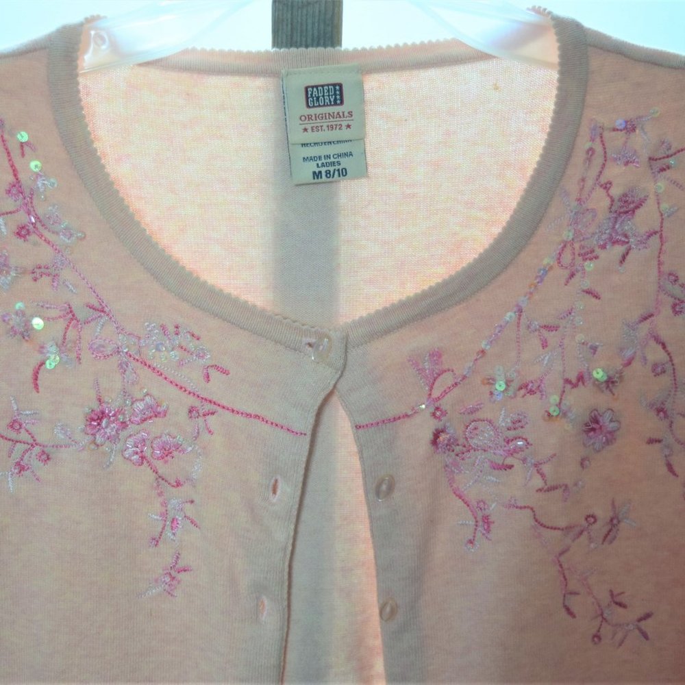 Pink Beaded Sweater Button Up 3/4 Sleeve